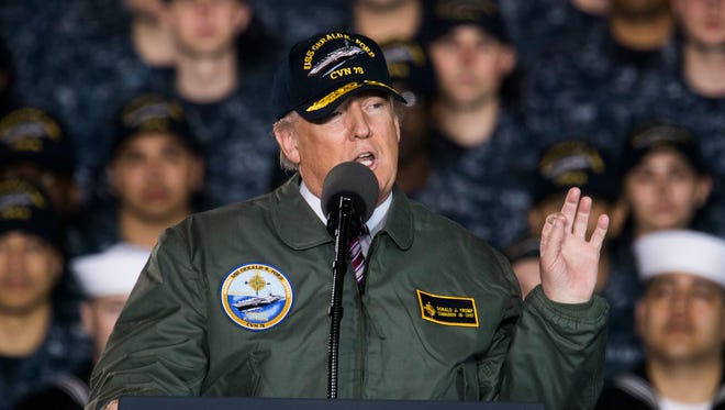 President Trump speaks to sailors aboard the Gerald R. Ford aircraft carrier in Newport News, Virginia, USA, 02 March 2017. Trump spoke about military readiness and his proposal to increase the Pentagon's budget by $54 billion. The nuclear-powered Gerald R. Ford is one of the Navy's newest vessels.