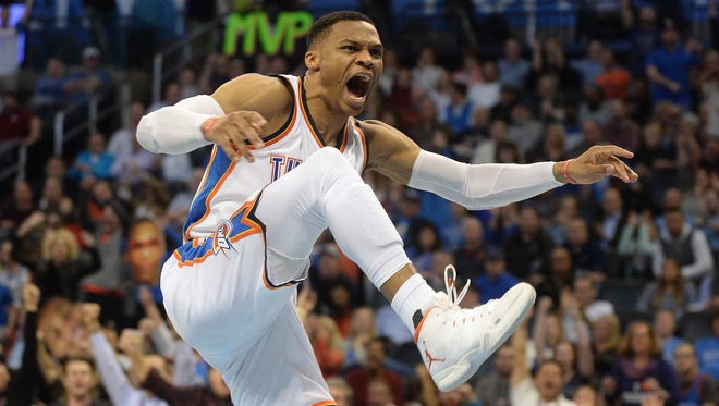 2017: Russell Westbrook reacts after dunking the ball against the Memphis Grizzlies during the fourth quarter at Chesapeake Energy Arena.