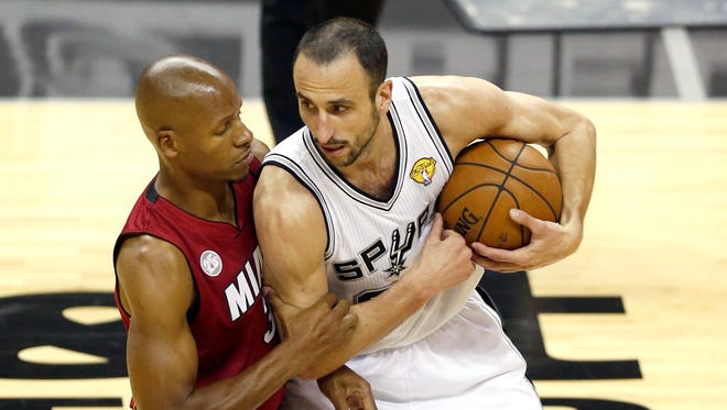 2013: Ray Allen defends Ginobili in the first quarter during Game 3 of the NBA Finals.