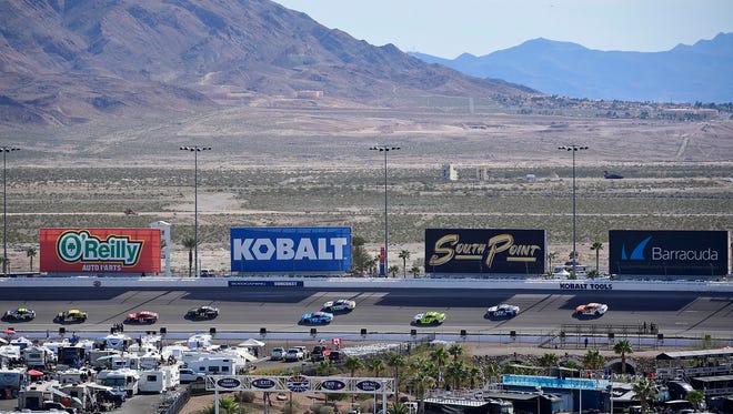 Drivers race in the Kobalt 400 at Las Vegas Motor Speedway on March 12. Martin Truex Jr. won.