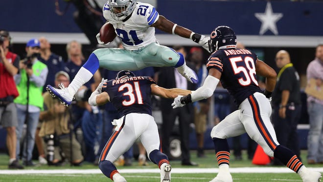 Hurdling a defender for one of his first highlight-reel plays, Elliott broke out in a Week 3 game against the Chicago Bears with 140 yards on 30 carries.