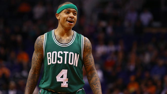 Feb. 23, 2015: Boston Celtics guard Isaiah Thomas reacts in the fourth quarter against the Phoenix Suns at US Airways Center.