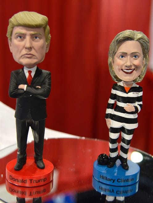 A Donald Trump and Hillary Clinton bobblehead doll on displayed at a booth during the Conservative Political Action Conference.