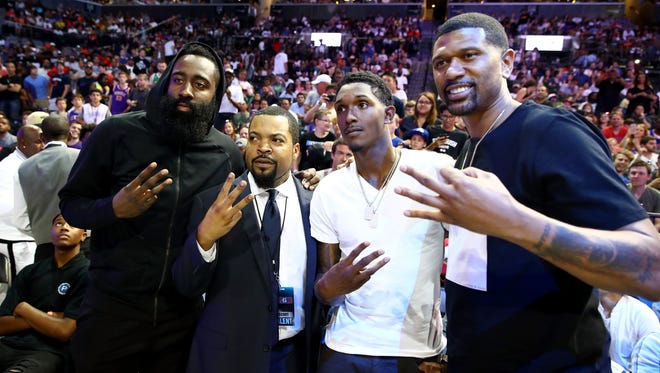 James Harden, Ice Cube, Lou Williams and Jalen Rose pose during week one of the BIG3 league.