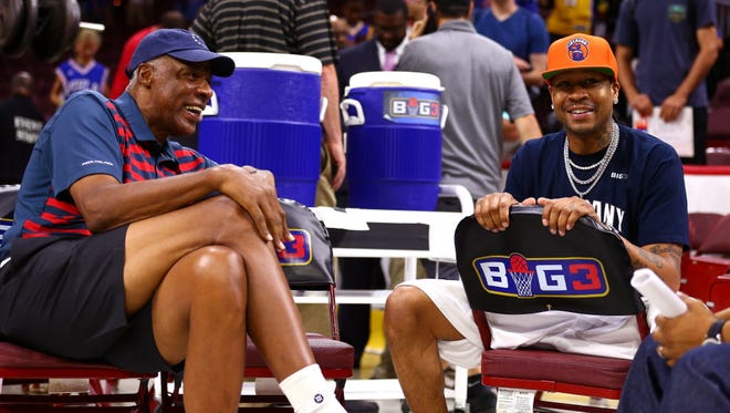 Coach Julius "Dr. J" Erving of Tri-State and Allen Iverson of 3's Company speak during Week 4 of the Big3 league.