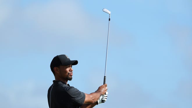 Tiger Woods hits his tee shot on the second hole during Round 1 of the Hero World Challenge.