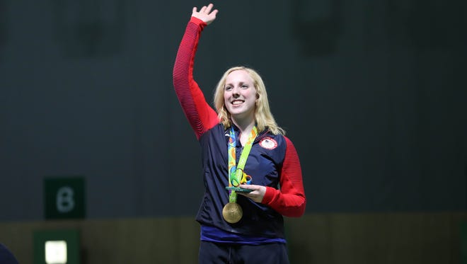 Ginny Thrasher (USA) celebrates winning the gold medal in the 10-meter air rifle competition at Olympic Shooting Centre on Aug, 6,