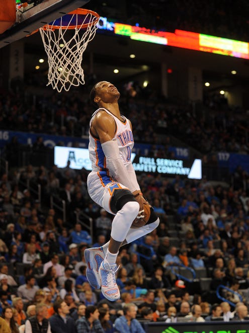 2014: Russell Westbrook dunks the ball after a foul call against the Charlotte Hornets.