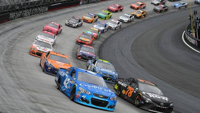 Kyle Larson (42) and Martin Truex Jr. (78) lead a restart during the Food City 500 at Bristol Motor Speedway on April 24. Jimmie Johnson (48, behind Truex on right) won.