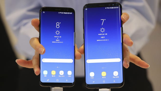 Samsung Electronics' Galaxy S8 and S8+ smartphones are shown off during a media day in Seoul, South Korea,