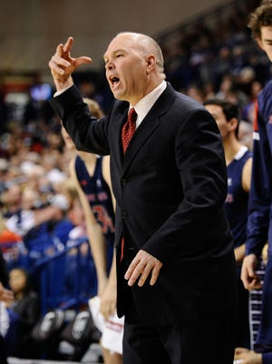 Saint Mary’s Gaels head coach Randy Bennett looks on against the Gonzaga Bulldogs during the first half at McCarthey Athletic Center.