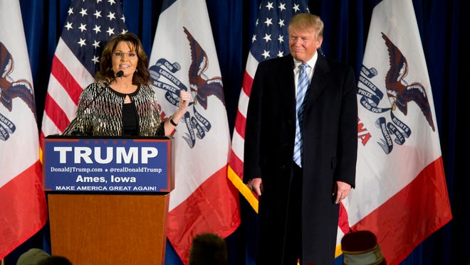 Palin endorses Trump during a rally at Iowa State University on Jan. 19, 2016, in Ames, Iowa.