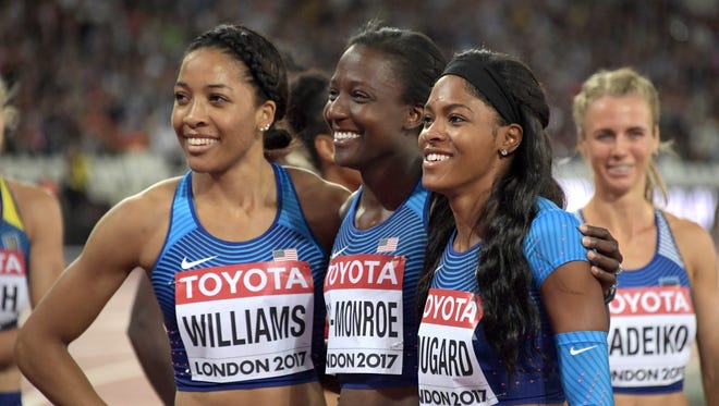 U.S. heptathletes (left to right) Kendell Williams (finished 12th), Sharon Day-Monroe (20th) and Erica Bougard (18th).