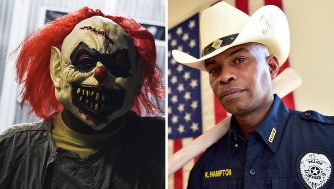 Clown vs. cop: To the left a creepy clown is shown in a file photo and Tchula Police Chief Kenneth Hampton is shown on the right.