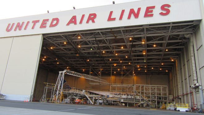 A United Airlines maintenance hangar is seen at San Francisco International, the carrier's fifth biggest hub by passengers.