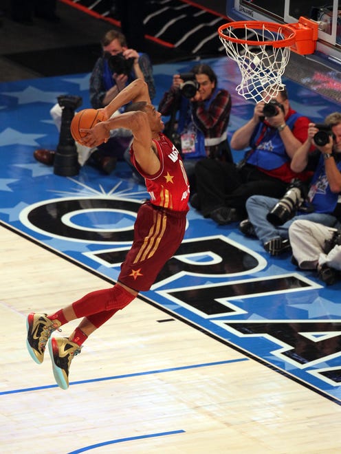 2012: Russell Westbrook dunks during the NBA All-Star Game.