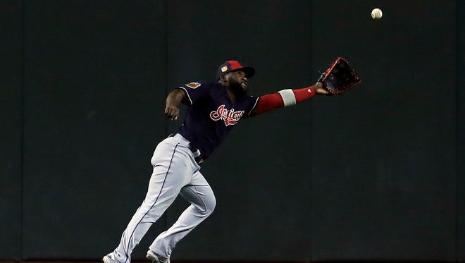 Indians right fielder Abraham Almonte can't make a catch against the Diamondbacks.