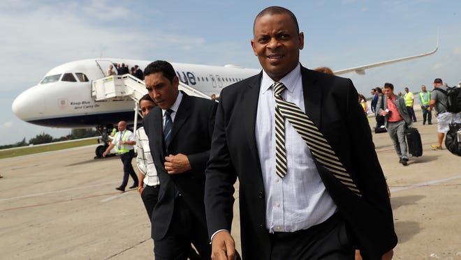 U.S. Transportation Secretary Anthony Foxx arrives at the airport of Santa Clara, Cuba on the first commercial flight between the United States and Cuba since 1961.