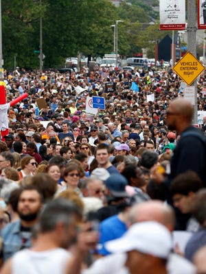 Thousands of counter protesters gather on Malcolm X Blvd. in Roxbury before marching to a planned 'Free Speech Rally' on Boston Common on Aug. 19 in Boston Massachusetts.