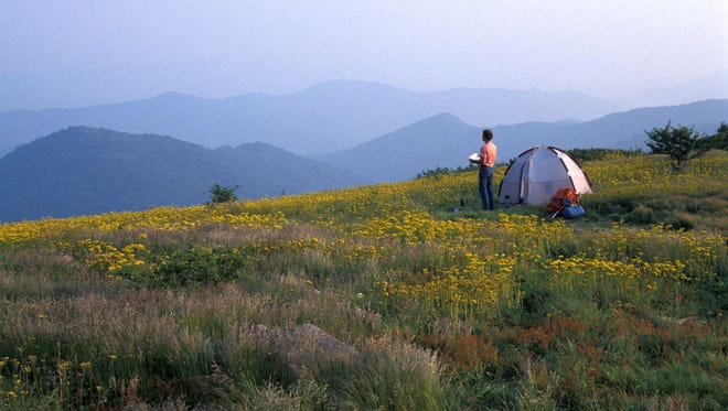 Setting up camp on Roan Mountain, Tennessee.