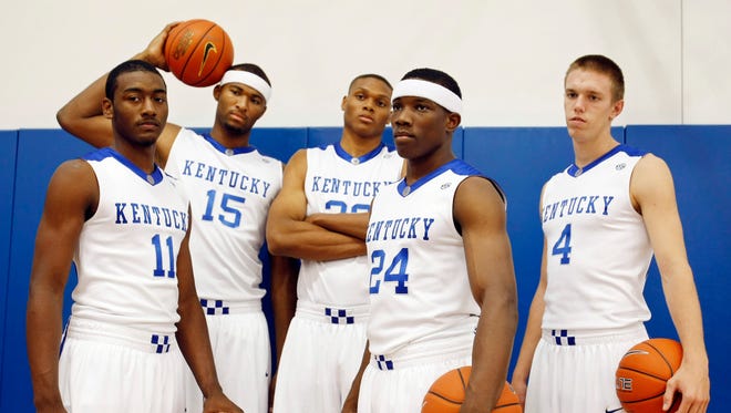 2009: Kentucky freshmen, from left, John Wall, DeMarcus Cousins, Daniel Orton, Eric Bledsoe and Jon Hood pose for a photograph during the team's photo day.