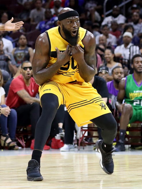 Reggie Evans of the Killer 3s reacts in the game against the 3 Headed Monsters during Week 4.