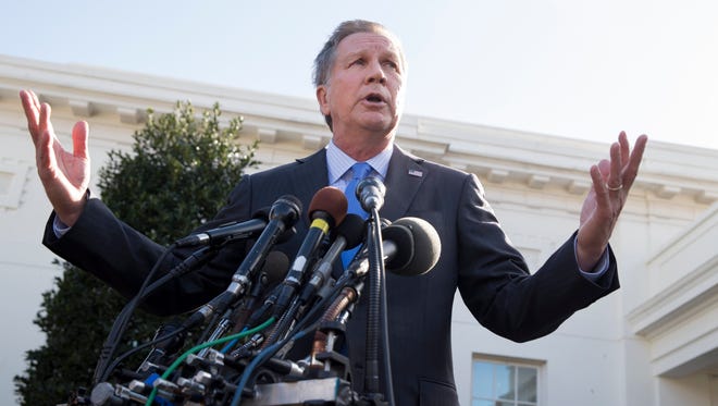 In this Feb. 24, 2017, file photo, John Kasich responds to questions from the media following his meeting with President Trump at the White House.