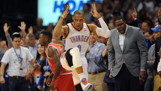 2013: Russell Westbrook celebrates after a made 3-point attempt against the Chicago Bulls.
