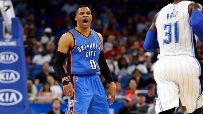 Oklahoma City Thunder guard Russell Westbrook (0) reacts to the referee after he thought he got fouled against the Orlando Magic during the second quarter at Amway Center.
