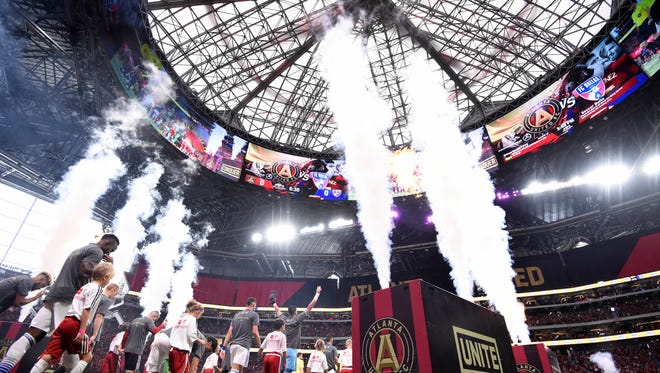 Atlanta United takes the field prior to the game against FC Dallas at Mercedes-Benz Stadium.