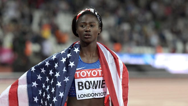 Tori Bowie takes her victory lap.