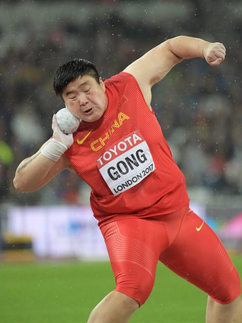 China's Lijiao Gong wins the women's shot put at 65 feet, 5 inches (19.94 meters) during the IAAF World Championships in Athletics at London Stadium at Queen Elizabeth Park.