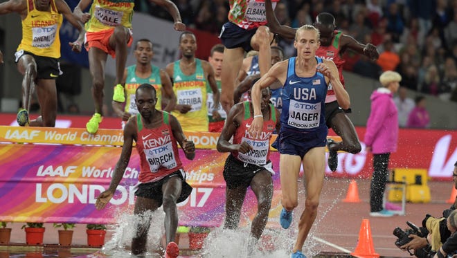 The U.S.'s Evan Jager places third in the steeplechaseduring the IAAF World Championships in Athletics at London Stadium at Queen Elizabeth Park.
