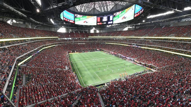 Atlanta United plays  Orlando City SC during the second half at Mercedes-Benz Stadium. Atlanta United set an MLS record for highest attendance in a single game with a reported 70,425.