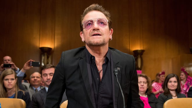Irish rock star and activist Bono arrives on Capitol Hill in Washington, Tuesday, April 12, 2016, to testify before the Senate State, Foreign Operations, and Related Programs subcommittee hearing on the causes and consequences of violent extremists, and the role of foreign assistance.