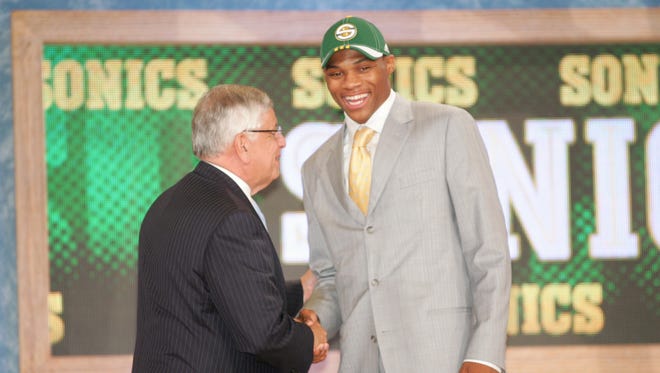 2008: David Stern with  Russell Westbrook, who was chosen as the number four pick by Seattle.