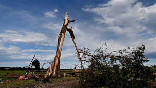 A large tree and fence line are destroyed after a large tornado hit the area near Canton, Texas on April 30, 2017.