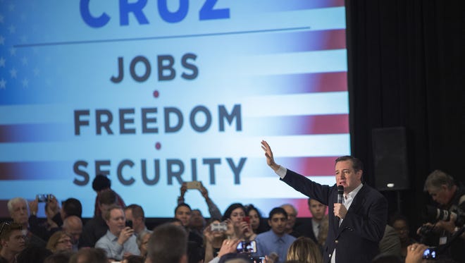 Cruz speaks at a campaign rally on April 11, 2016. in Irvine, Calif.