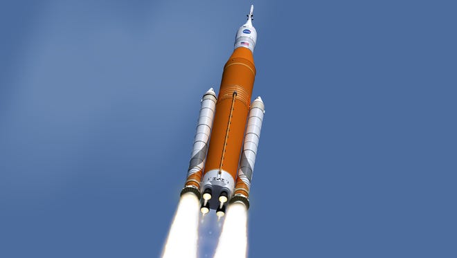 Artist concept of NASA's Space Launch System rocket blasting off from Kennedy Space Center.