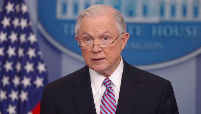 Attorney General Jeff Sessions speaks to reporters at the White House on March 27, 2017.