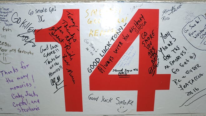 Fans wrote tributes to Stewart on the pit wall at IMS before his last Sprint Cup race there.