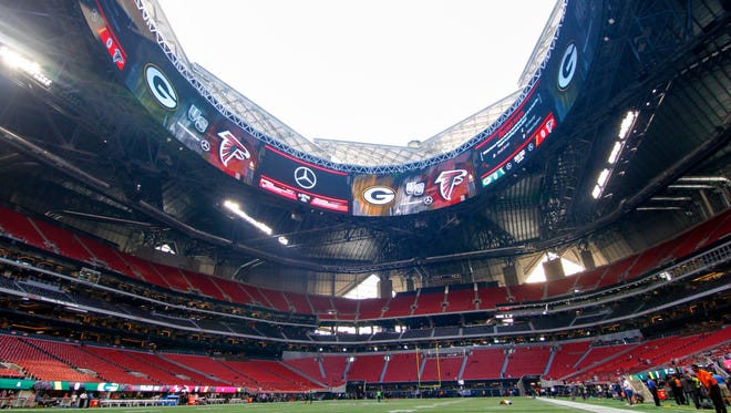 General view of the open roof and halo board in Mercedes-Benz Stadium before a game between the Atlanta Falcons and Green Bay Packers.