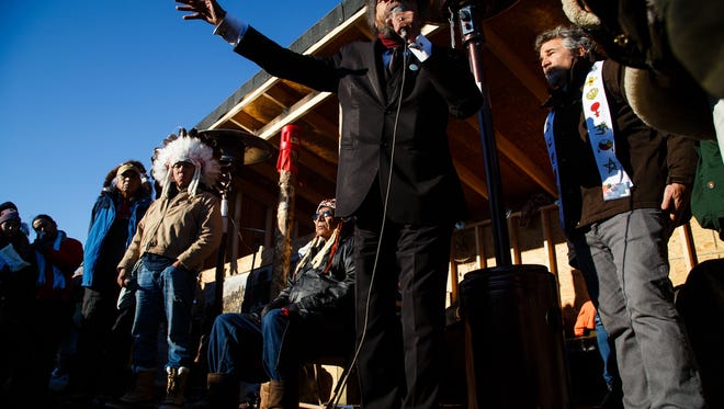 Cornel West speaks during an interfaith prayer circle in the Oceti Sakowin Camp near the Standing Rock Reservation on Sunday, Dec. 4, 2016 near Cannon Ball.