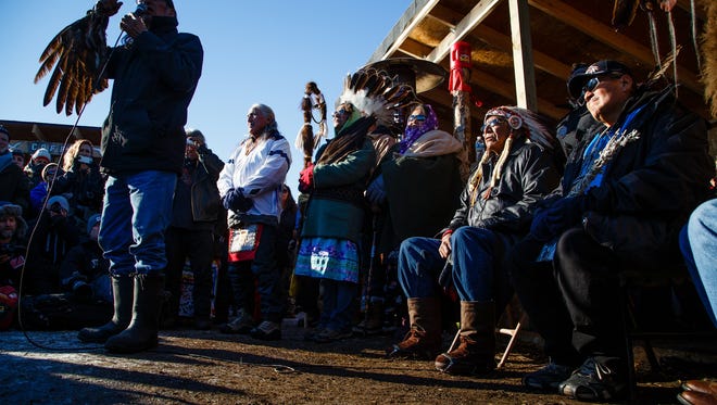 Tribal and Religious leaders speak during an interfaith prayer circle in the Oceti Sakowin Camp near the Standing Rock Reservation on Sunday, Dec. 4, 2016 near Cannon Ball.