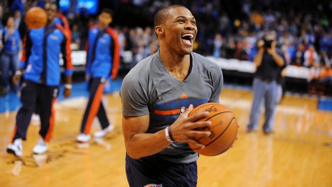 2013: Russell Westbrook laughs before a game against the Phoenix Suns at Chesapeake Energy Arena.