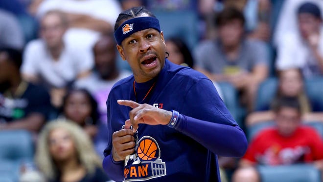 Allen Iverson of 3s Company reacts during a game against the Trilogy.