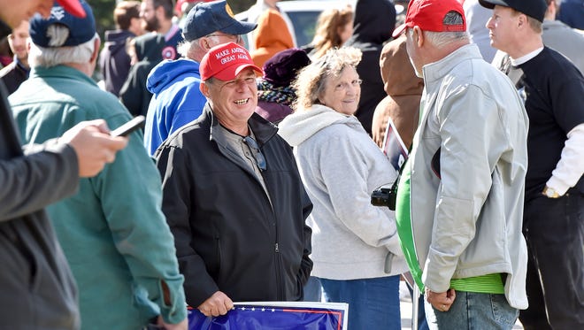 Trump supporters who could not get into the event stand outside  on Saturday, Oct. 22, 2016 at the Eisenhower Complex in Gettysburg, Pa. Trump has a closed campaign event to talk about policy.