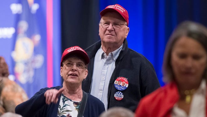 Jane and Donald Waddell look towards the crowd as they await the arrival of GOP presidential nominee Donald Trump at Eisenhower Hotel in Gettysburg on Saturday, Oct. 22, 2016.