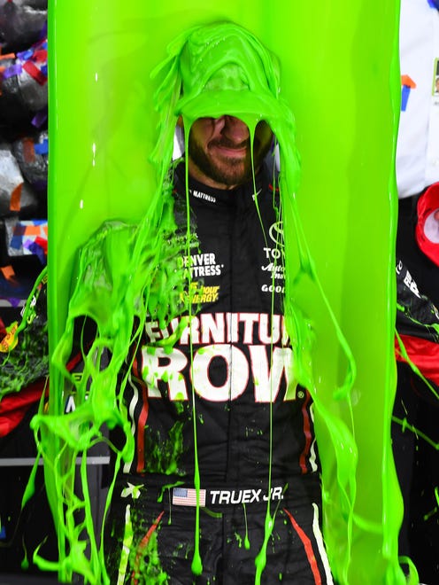 Slime time! Martin Truex Jr. gets all wet after winning the opening race of the Monster Energy NASCAR Cup Series playoffs at Chicagoland Speedway on Sept. 17.