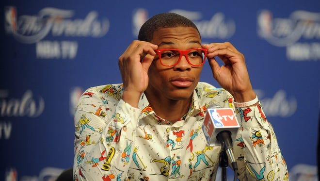 2012: Russell Westbrook during the post game press conference after Game 1 of the 2012 NBA Finals.